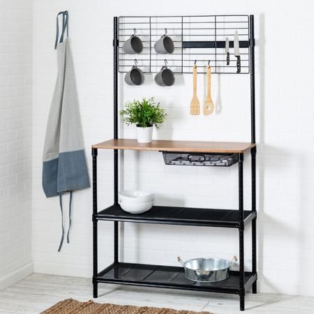 These versatile kitchen carts provide extra storage and their mobility gives you the freedom to take them with you around the busiest room in your home. Black Bar Cart, Kitchen Bakers Rack, Kitchen Work Station, Baker's Rack, Kabinet Dapur, Bakers Rack, Apartment Decorating, Hanging Storage, Black Kitchens