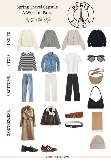 Paris Capsule Wardrobe, Travel Capsule Wardrobe Spring, Parisian Style Spring, Spring Travel Capsule, Casual Chic Style Winter, Parisian Spring, What To Pack For Paris, Travel Wardrobe Spring, City Holiday