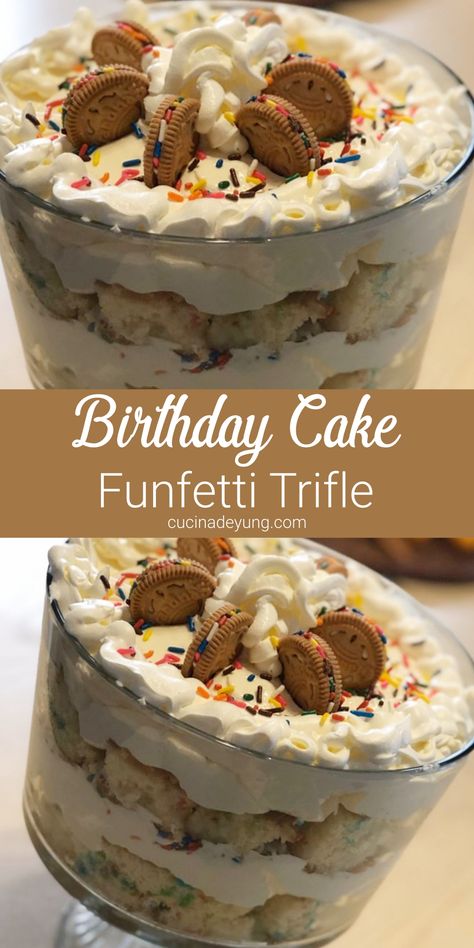 Birthday Cake Funfetti Trifle Recipe, Trifle recipe, dessert recipes Easy Bday Dessert Ideas, Birthday Cake Trifle, Funfetti Trifle Desserts, Triffle Desserts Birthday, Easy Birthday Desserts For Adults, Birthday Dessert Ideas Not Cake, Funfetti Trifle, Birthday Cake Funfetti, Easy Birthday Desserts