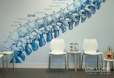 Chiropractor Office Design, White Outdoor Chair, Chiropractic Decor, Chiropractic Office Decor, Chiropractic Office Design, Clinic Art, Waiting Room Design, Physiotherapy Clinic, Chiropractic Clinic