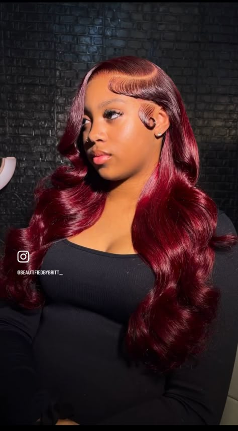 Cherry Red Wig For Black Women, Red Wig Install Black Women, Burgundy Hairstyles, Cute Wig Hairstyles, Frontals Wigs, Frontal Styles, Black Girls Hairstyles Weave, Colored Hairstyles, Hairstyles Weave