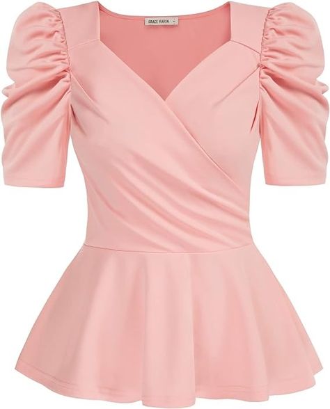 Amazon.com: GRACE KARIN 2024 Womens Summer Tops Elegant Peplum Top Wrap V Neck Puff Short Sleeve Shirts Tops Blouse : Clothing, Shoes & Jewelry Peplum Tops, Ruffled Blouse, Winter Leggings, Fitted Blouses, Womens Tops Summer, Bustiers, Slim Fit Shirt, Puff Sleeve Top, V Neck Blouse