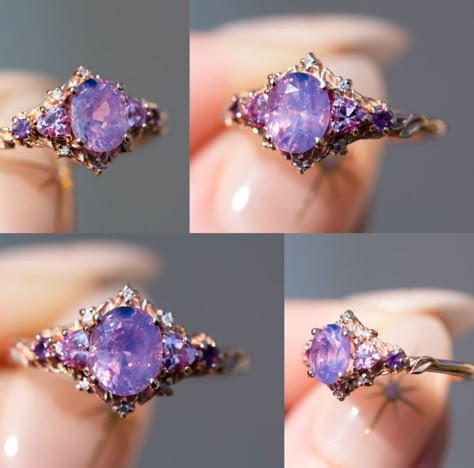 Kawaii Engagement Ring, Whimsical Rings, Fantasy Wedding Rings, Fantasy Rings, Fairytale Engagement Rings, Engagement Rings Rose Gold, Engagement Rings Rose, Purple Stone Ring, My Wedding Ring