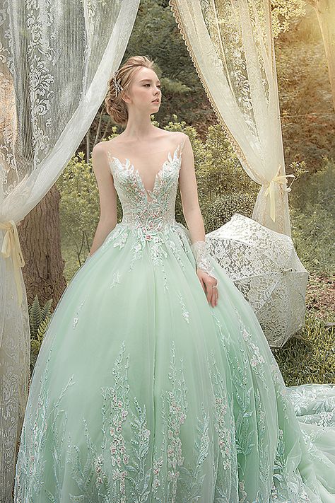 We cannot resist this refreshing green ball gown from Bella Wedding Dress featuring delicate floral embroideries! » Praise Wedding Community Green Trumpet Wedding Dress, Pistachio Wedding Dress, Pink And Green Wedding Dress, Sea Green Wedding Dress, Sage Green Wedding Gown, Sage Green Wedding Dress For Bride, Fairytale Wedding Dress Green, Pastel Green Wedding Dress, Pale Green Wedding Dress