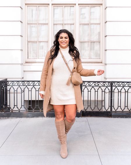 White Sweater Dress Outfit, Sweater Dress Outfit Fall, Best Plus Size Jeans, Midsize Fall Outfits, Neutral Winter Outfit, White Dress Outfit, Plus Size Winter Outfits, Fall Sweater Dress, White Sweater Dress