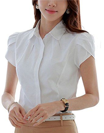 DPO Lady's Cotton Formal Pleated Short Sleeve Blouse White Solid 4 Tag M Charlie Blackwood, Pleated Sleeves Blouse, High Waisted Slacks, Button Down Shirt Short Sleeve, Tulip Sleeve, Pleated Sleeves, Pleated Blouse, Movie Costumes, Women Formals