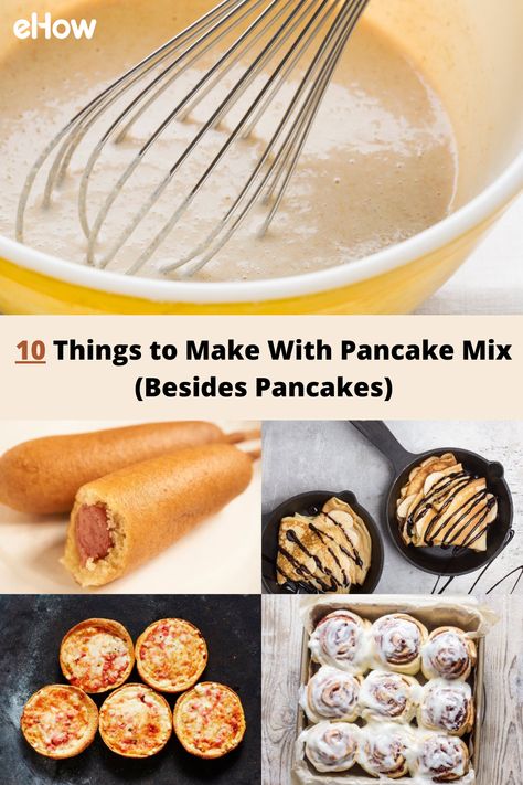 Pancake mix is one of those modern conveniences that home chefs 100 years ago probably would have considered a miracle. When our great-grandparents wanted flapjacks, they didn't have the luxury of grabbing pre-measured dry ingredients. Today, pancake mix is good for a lot more than just making pancakes. From county-fair favorites to elegant French desserts, using pancake mix can help you cut corners without sacrificing flavor in any number of tasty recipes. Pancake Meals, What To Do With Pancake Batter, What To Make With Pancake Batter, Pancake Mix Recipe Ideas Dinner, Pancake Creations, Things To Make With Pancake Batter, Pancake Mix Other Uses, Pancake Mix Uses Dinners, Pancake Box Mix Recipes