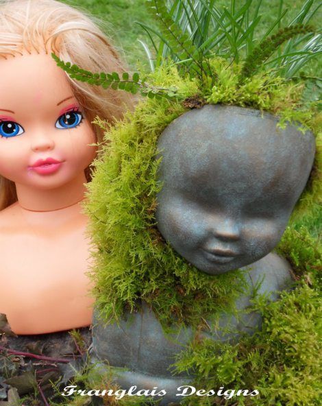 Take an old doll (thrift store!) and make a cast from it or spraypaint it. Then turn it into your own personal plant holder. Wonderful idea for the garden! ~MrManican Verified~ Upcycle Garden, Head Planters, Concrete Crafts, Concrete Projects, Old Dolls, Concrete Diy, Doll Head, Garden Crafts, Dream Garden