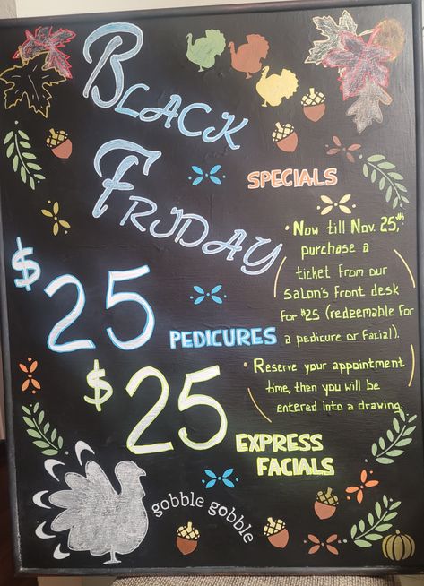 Salon Black Friday Chalkboard Black Friday Chalkboard Art, Shop Chalkboard Signs, Specials Board Chalkboards, Starbucks Holiday Chalkboard, Shop Local Chalkboard Sign, Chalkboard Art, Front Desk, Black Friday, Chalkboard