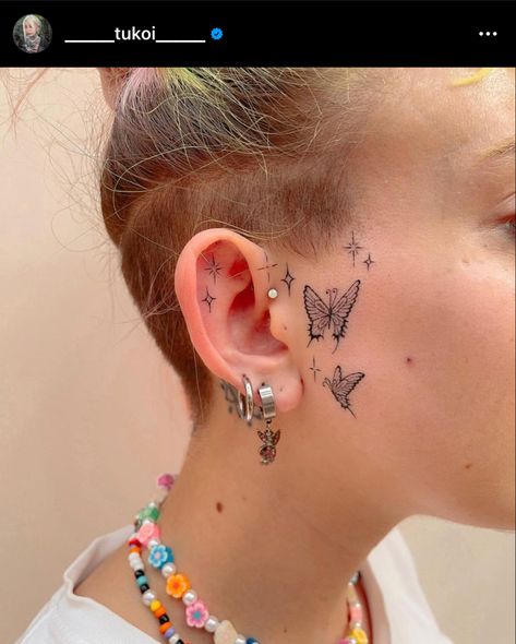 Girly Small Face Tattoo, Small Butterfly Face Tattoo, Mini Face Tattoos For Women, Butterfly Tattoo On Face, Side Burn Tattoos For Women Face, Simple Face Tattoos For Women, Tiny Face Tattoo, Cute Face Tattoos For Women, Face Tats For Women