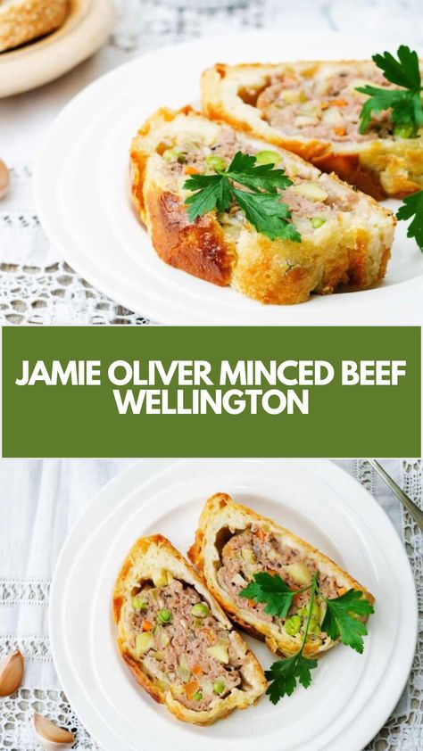 Jamie Oliver Minced Beef Wellington is made with minced beef, tomato ketchup, eggs, onions, garlic, sage, parsley, butter, mushrooms, and puff pastry. This hearty Jamie Oliver recipe creates a delicious dinner that takes about 1 hour and 10 minutes to prepare and can serve up to 6 people. Jamie Oliver Cooking For Less Recipes, Beef Wellington Jamie Oliver, Jamie Oliver 5 Ingredients, Parsley Butter, Butter Mushrooms, Chef Jamie Oliver, Beef Tomato, Beef Wellington Recipe, Minced Beef