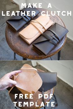 Simple Leather Clutch, Tutorial Pochette, Clutch Diy, Pochette Diy, Leather Bag Tutorial, Best Leather Wallet, Diy Leather Projects, Sac Diy, Simple Template