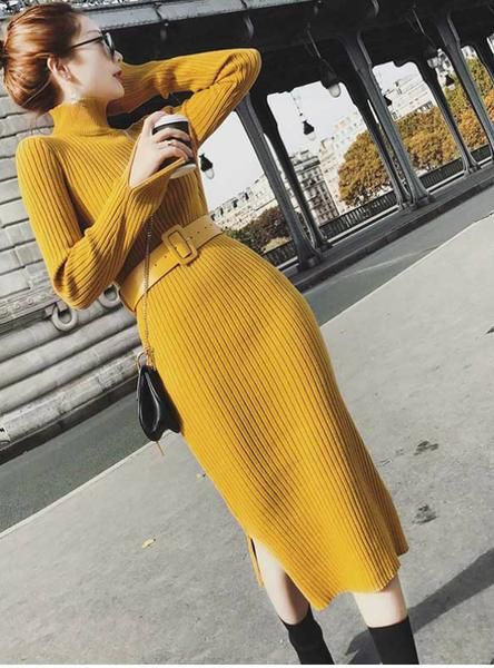 Lurex Bodycon Dresses With Belt Skinny Knitted Dress Bodycon Outfit Casual, Bodycon Outfits, Basic Fashion, Dresses Casual Winter, Winter Dress Outfits, Maxi Knit Dress, Look Vintage, Ladies Dress Design, Outfit Casual