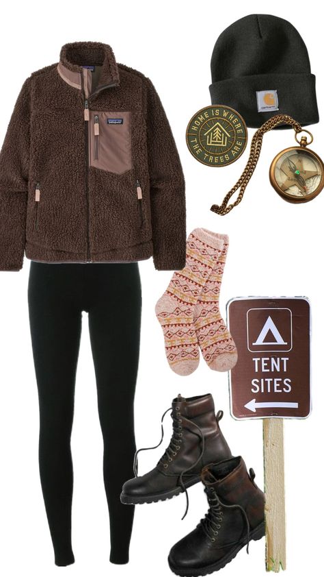 Hiking Outfit #hikingaesthetic #hiking #hikingoutfit #walkingboots #brownaesthetic #cutewalkingoutfit Beige Hiking Outfit, Hiking Outfit Aesthetic Fall, Hiking Outfit Fall Aesthetic, Brown Leggings Hiking Outfit, Outfits With Hiking Boots, Brown Hiking Boots Outfit, Cozy Fall Hiking Outerwear, Cute Hiking Clothes, Aesthetic Trekking Outfit