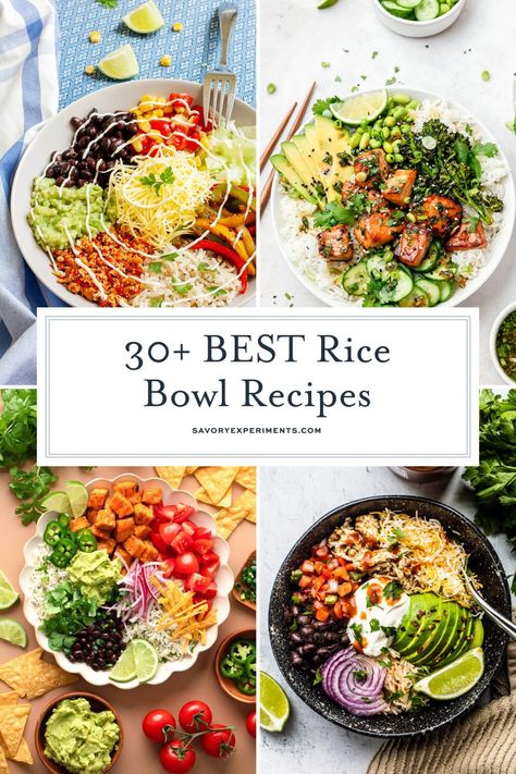 These EASY Rice Bowl Recipes are perfect for a busy weeknight. They're big on flavor and will surely become a family favorite in no time! Mediterranean Rice Bowl Recipe, Homemade Bibibop Bowls, Rice Bowl Ingredients, Healthy Bowls For Dinner, Rice Bowl Lunch Ideas, Rice Bowl Toppings, Pancheros Rice Bowl, Cold Rice Bowls, Easy Rice Bowls