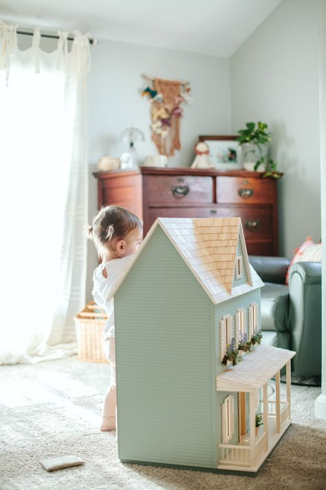 Simple Wooden Dollhouse, Dollhouse Stand, Real Good Toys Dollhouse, Vermont Farmhouse Jr Dollhouse, Toddler Dollhouse, Doll House Makeover, Green Dollhouse, Beautiful Dollhouse, Painted Dollhouse