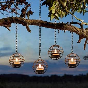 Solar Hanging Lanterns Outdoor Waterproof, Rust Iron Ball Candle Holder with Flickering Solar Powered Tea Lights, Perfect Chargeable Solar Lights for Backyard Patio Garden Fence Tree Decoration-4Pack Donkey Wedding, Lights For Backyard, Backyard Solar Lights, Home Front Yard, Outdoor Pavillion, Fence Trees, Backyard Patio Garden, Cali House, Lanterns Outdoor