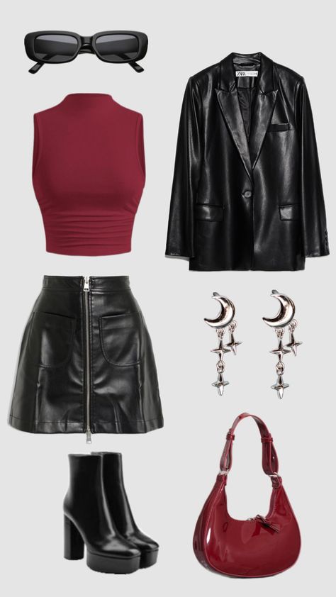 #redandblack #redfitinspo #leatherskirt #cherryredaesthetic #blazeroutfit #classy#classyoutfit #leatherfit Dramatic Outfits Style, Jazz Style Fashion, Outfit Ideas For Concert Night, Jazz Concert Outfit, Concert Fit Ideas, Jazz Outfit, Aries Outfits, Drinks Outfit, Outfit Date