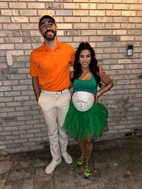 Halloween costume for pregnant women. Easy DYI costume with a simple tank top, tutu, and body paint. Golf Couple Costume, Couple Pregnant Halloween Costumes, Couple Halloween Costumes Pregnant, Couples Costumes For Pregnant Women, Couples Pregnancy Halloween Costumes, Cute Pregnant Halloween Costumes, Costumes When Pregnant, Husband And Wife Halloween Costumes Pregant, Pregnant Lady Halloween Costumes