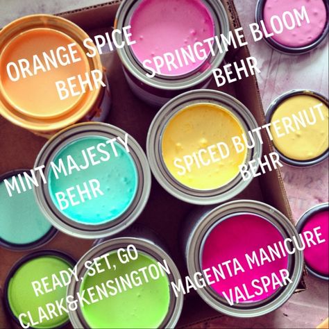 Behr Bright Paint Colors, Colourful Toy Room, Bright Paint Colors For Bedroom, Preppy Colors To Paint Your Room, Rainbow Paint Colors Behr, Craft Room Paint Ideas Color Schemes, Fun Door Paint Ideas, Multi Colored Accent Wall, Colorful Painted Walls