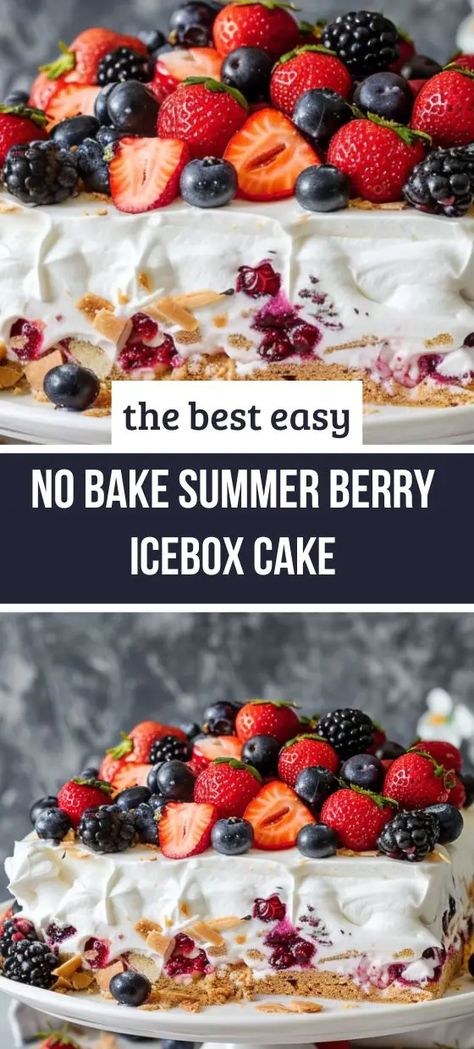 No Bake Summer Berry Icebox Cake Summer Berry Icebox Cake, Berry Icebox Cake, Icebox Cake Recipes, Lunch Appetizers, Festive Desserts, Refreshing Desserts, Icebox Cake, Summer Berries, Fresh Summer