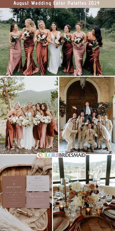 Brown, dusty rose and cream August wedding color palettes inspirations for 2024: mixed matched bridesmaid dresses of brown and dusty rose, white bridal gown, cream groom and groomsmen suits with brown ties, brown and dusty rose wedding invitations, brown and dusty rose wedding table decorations. #weddingcolors #weddingideas #summerweddings #augustwedding #colsbm #2024 #bridesmaiddresses #brownanddustyrose Dusty Rose And Rust Color Palette, August Wedding Colors 2024, August Bridesmaid Dresses Color Schemes, Summer Bridal Party Colors, August Wedding Color Schemes, August Wedding Colors Summer, Cinnamon Rose Wedding Color Scheme, Groomsmen Color Schemes, Wedding Colors August