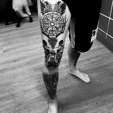 Calf Tattoo Ideas, Celtic Sleeve Tattoos, Viking Tattoos For Men, Viking Rune Tattoo, Viking Warrior Tattoos, Viking Tattoo Sleeve, Full Leg Tattoos, Rune Tattoo, Tattoo Inspiration Men