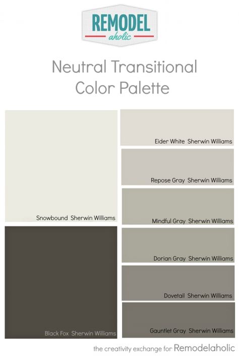 Color Palette | Paint Scheme | Create a cohesive and beautiful house paint color palette using these two surefire tricks for coordinating colors and matching undertones. Such a simple shortcut for a beautiful paint colors! -- whole house paint scheme (even ceilings) Black Fox Sherwin Williams, Gauntlet Gray Sherwin Williams, House Paint Color Palette, Transitional Color Palette, Sherwin Williams Snowbound, Gauntlet Gray, Interior Paint Colors Schemes, Mindful Gray, Repose Gray