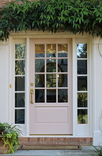 Updating the Front Entrance with SW Pinky Beige Beige Front Door, Soft Pink Front Door, Brown House Pink Door, Antique Front Door, White House With Pink Door, Light Pink Front Door Brick House, Brick House Pink Door, House Doors Colors, Brown Front Doors