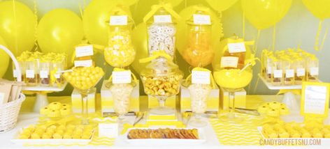 Candy Buffets: The Ultimate Guide + Infographic - CandyStore.com Yellow Candy Buffet, Pretty Centerpieces, Pa Week, Treat Tables, Yellow Desserts, Yellow Wedding Decorations, Black Weddings, Yellow Wedding Theme, Weddings Idea