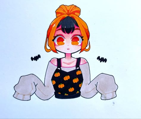 Drawing I did last year or in my sketchbook Halloween drawing of a Cute E girl with pumpkin overall dress and baggy sleeved sweater E-girl Drawing, Happy's Charms Art, Baggy Sleeves Drawing, Halloween Cute Doodles, Baggy Sweater Drawing, Cute Halloween Art Drawing, Pumpkin Girl Drawing, Cute Halloween Pumpkin Drawing, Halloween Reference Drawing