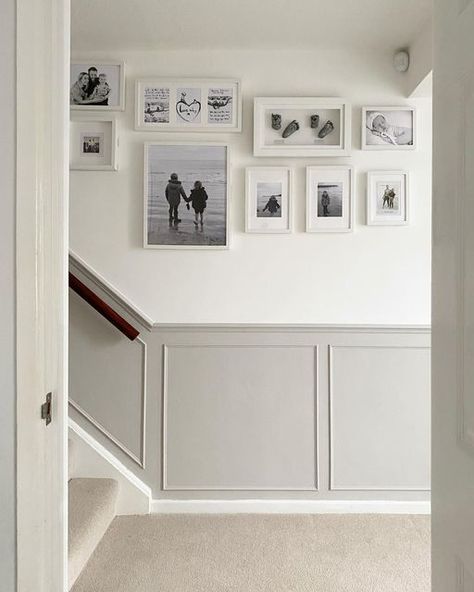 Cornforth White Hallway, Cream Hallway, Hallway Colour Schemes, Painted Hallway, Hallway Panelling, Dining Room Colour Schemes, Mr L, Stair Paneling, Grey Hallway