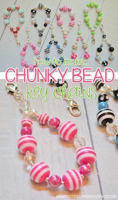 How to make CHUNKY BEAD Key Chain Zipper Pulls - stripes, polka dot, bubblegum beads, gumball beads #fizzypops #mycomputerismycanvas Bracelets With Beads, Lds Printables, Chunky Bead Necklaces, Beading Tools, Necklaces And Bracelets, Bubblegum Beads, Beaded Crafts, Bag Charms, Bar Wrappers