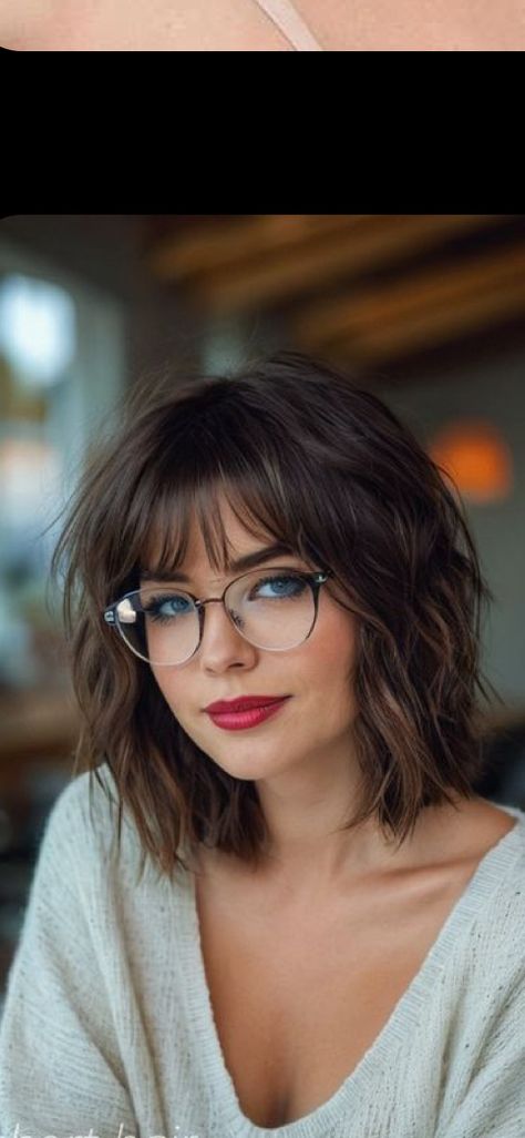 Long Bob With Bangs Wavy Hair, Medium Hair With Bangs And Glasses, Fringe And Glasses Hairstyles, Bob Hairstyle With Curtain Bangs, Medium Length Bob With Bangs Over 50, Short Hair With Bangs Glasses, Round Face Haircuts Thick Hair, Tina Fey Hair, Medium Shag With Wispy Bangs