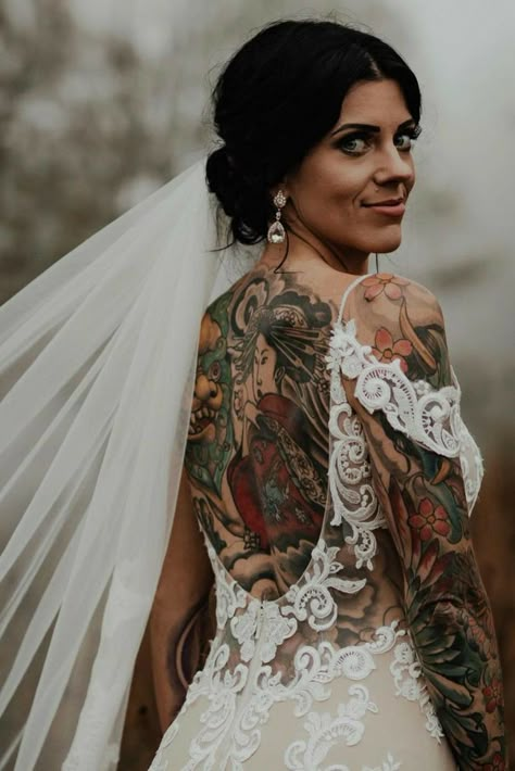 Bride With Tattoos, Brides With Tattoos, Casablanca Bridal, Alternative Bride, Affordable Wedding Dresses, Edgy Makeup, Fit And Flare Silhouette, Bohemian Wedding Dress, Romantic Bride