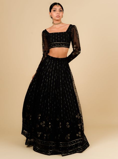 Black Lengha Blouse Designs, Black Blouse For Lehenga, Black Full Sleeve Blouse Lehenga, Modern Lehenga Designs Style, Black Georgette Lehenga With Unstitched Blouse, Diwali Black Georgette Blouse, Modern Lehenga Designs, Black Lengha, Black And Gold Lehenga