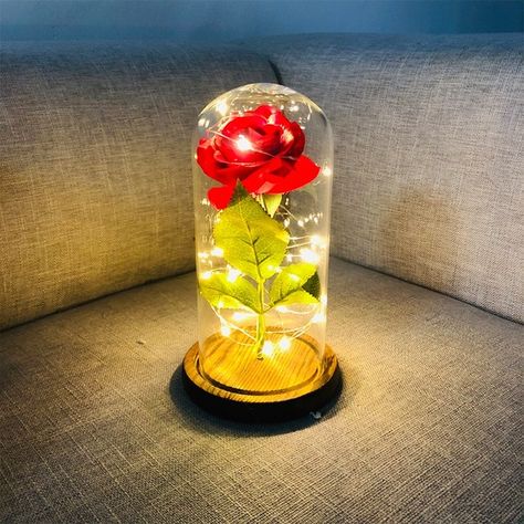 Valentine's Gifts Romantic Eternal Rose Flower Led Light Fallen Petals Beauty And Beast Rose, Rose Dome, Rose In A Glass, Single Red Rose, Glass Rose, Enchanted Rose, Forever Rose, Glass Cloche, One Rose