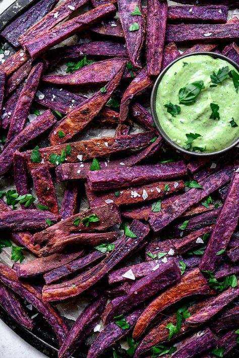 Purple Meals Aesthetic, Purple Potato Fries, Purple Savory Food, Purple Yam Recipe Savory, Purple Potato Appetizer, Purple Sweet Potato Fries, Purple Themed Food Board, Purple Finger Food, Sweet Purple Potato Recipes