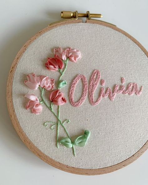 Olivia Embroidery, Floral Name Embroidery, Flower Initial Embroidery, Embroidered Peony, Embroidered Sweet Pea Flowers, Embroidered Letters Floral, Sweet Pea Flowers, Silk Ribbon Embroidery, Silk Embroidery