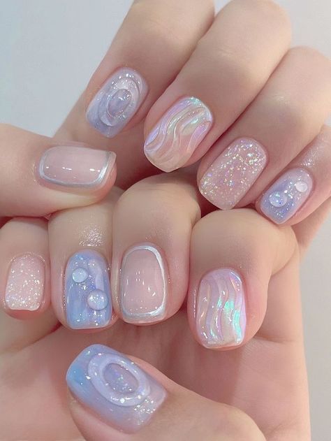 shimmery light blue and white nails Pretty Blue Nail Designs, Nail Ideas Pastel Colors, Korean Nails Inspiration, Korean Gel X Nails, Nail Light Blue, Nail Art Blue Pastel, Nail Korean Style Summer, 3d Korean Nails, Nail Art Korean Style Trends