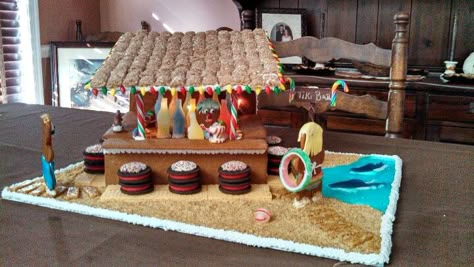 Gingerbread Tiki Bar....jb approved!! Gingerbread Tiki Bar, Tiki Bar Gingerbread House, Beach Gingerbread House, Gingerbread Beach House, Tiki Christmas, Graham Cracker House, Gingerbread Contest, Gingerbread House Contest, Gingerbread House Making