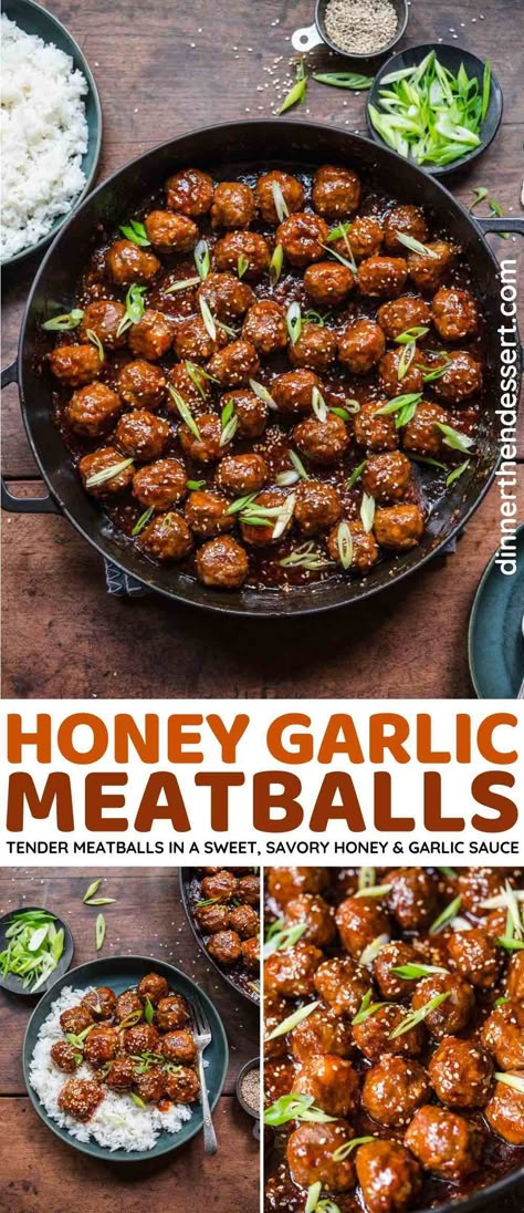 Honey Garlic Meatballs are easy, tender, and coated in a sweet, savory, sticky sauce made with honey, garlic, ketchup, and soy sauce. Perfect as an appetizer or over rice as a main dish! Honey Garlic Meatballs, Garlic Meatballs, Sticky Sauce, Meatball Dinner, Dinner Then Dessert, Meatball Recipes Easy, Honey Garlic Sauce, Meatballs Recipe, Beef Dinner