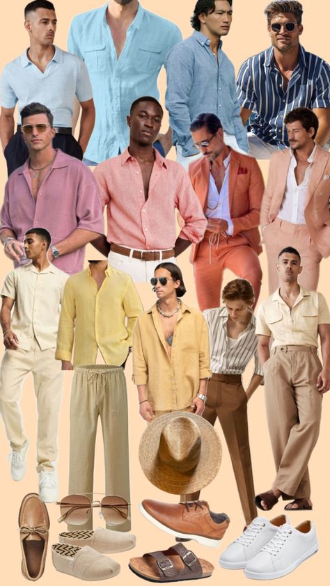 Beach dressy casual men Beach Wedding Outfit Men, Beach Wedding Guest Men, Dressy Casual Men, Wedding Guest Men Outfit, Summer Italy Outfits, Beach Wedding Guest Attire, Mens Beach Wedding Attire, Wedding Guest Men, Beach Wedding Outfit