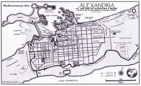 Map of Alexandria, Egypt as it existed around 30 BC. Major landmarks including the lighthouse are shown. Alexandria Lighthouse, Alexandria Map, Ancient Alexandria, Roman Culture, Ptolemaic Egypt, Library Of Alexandria, Hellenistic Period, Ancient Greek Art, Fantasy Maps