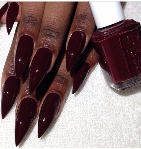 Dark Cherry Red Nails Coffin, Burgundy Pointy Nails, Purplish Red Nails, Cute Pointy Nails, Deep Color Nails, Red Wine Acrylic Nails, Plum Red Nails, Almond Nails Maroon, Wine Colour Nails