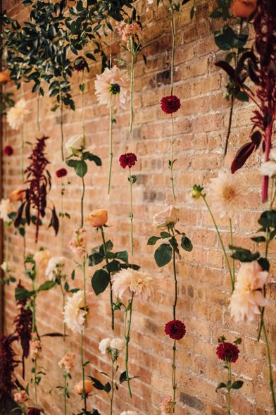 Wedding Flower Wall Backdrop Fall, Rustic Boho Wedding Outdoor, Flowers On Brick Wall, Wedding Backdrop Brick Wall, Dried Flower Wall Backdrop Wedding, Floating Flower Wall Wedding, Wedding Brick Wall Decor, Wedding Photo Backdrop Brick Wall, Wedding Decor Brick Wall