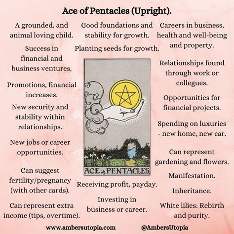 The Ace of Pentacles is the first card from the Suit of Pentacles within the Tarot Deck. Pentacles meaning finances, career, business, stability, health and foundations. The Ace represents the start or receiving new abundance in this way. It is also represented as new opportunities and financial or business ventures.

#Aceofpentacles #tarotcardmeanings #tarotmeanings #tarotcards #suitofpentacles #tarot #ace #ambersutopia Suit Of Pentacles Tarot Meaning, Ace Of Coins Tarot Meaning, Ace Of Pentacles Tarot Meaning Reversed, 7 Of Pentacles Tarot Meaning, Page Of Pentacles Tarot Meaning, Ace Of Pentacles Tarot Meaning, Ace Of Pentacles Tarot, Suit Of Pentacles, Pentacles Tarot Meaning