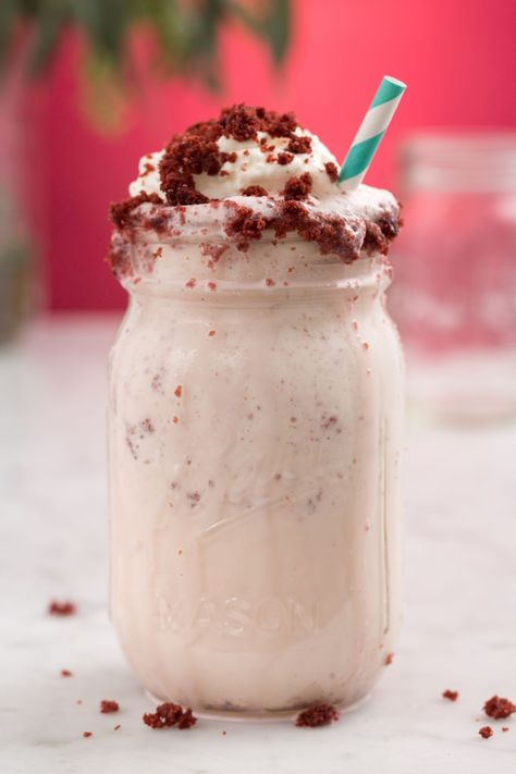 Red Velvet Cheesecake MilkshakeDelish Red Velvet Milkshake Recipe, Red Velvet Milkshake, Delicious Milkshakes, Cheesecake Milkshake, Velvet Recipes, Red Velvet Desserts, Red Smoothie, Red Velvet Recipes, Specialty Drinks