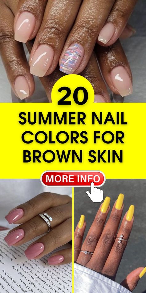 Explore summer nail colors for brown skin that cater to 2024 for style-forward women. Our trending color ideas range from simple to classy, designed to complement your tone. Whether you're into short nails or dramatic acrylics, our inspo collection offers polish for every preference. Nail Designs For Brown Skin, Nail Polish For Brown Skin Tone, Summer Nails 2024 Trends Short Simple, Nail Colors For Brown Skin, Colors For Brown Skin, Dark Skin Nail Color, Best Summer Nail Color, Summer Nail Colors, Nail Color Trends