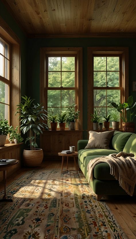 Transform your space with this beautiful brown and green living room, featuring a perfect balance of earthy tones and natural materials. A deep green velvet sofa pairs effortlessly with warm wooden accents, creating a welcoming and serene atmosphere. The brown and green living room decor is enhanced by a stylish patterned area rug, neutral beige and brown cushions, and elegant green curtains that frame the large windows, allowing natural light to highlight the rich textures. Whether you're looking for brown and green living room ideas for a modern, boho, or rustic setting, this cozy aesthetic brings warmth and sophistication to any home.🤎💚✨✨ Green Living Room Decorating Ideas, Brown And Green Living Room, Green Living Room Ideas, Area Rug Neutral, Green Living Room Decor, Green Velvet Sofa, Green Living Room, Brown Cushions, Green Curtains